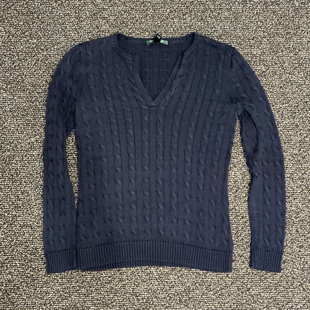 Ladies LAUREN Ralph Lauren Navy Blue V-Neck Sweater Size Medium
